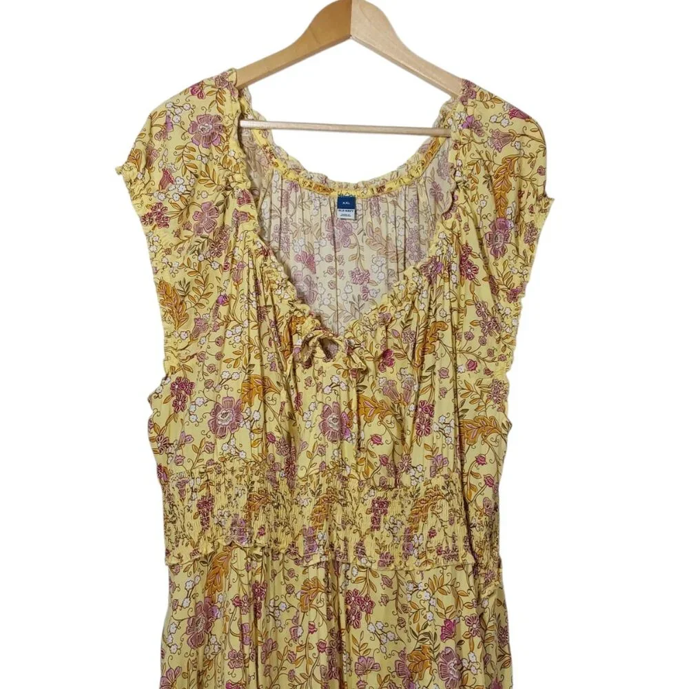 Old Navy Waist-Defined Short-Sleeve Printed Maxi Dress Yellow/Pink Floral XXL - Picture 4 of 10